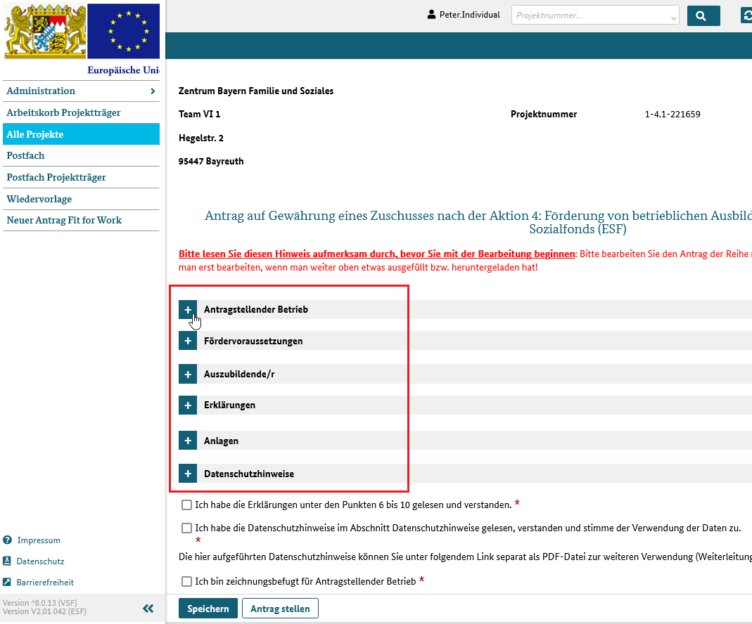 zugeklappte Klappbereiche im Projektantrag