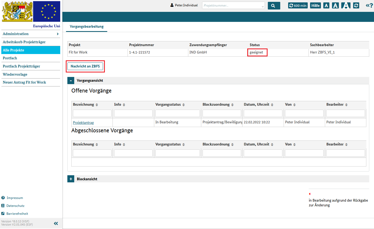 Nachricht senden im Projektstatus geeignet