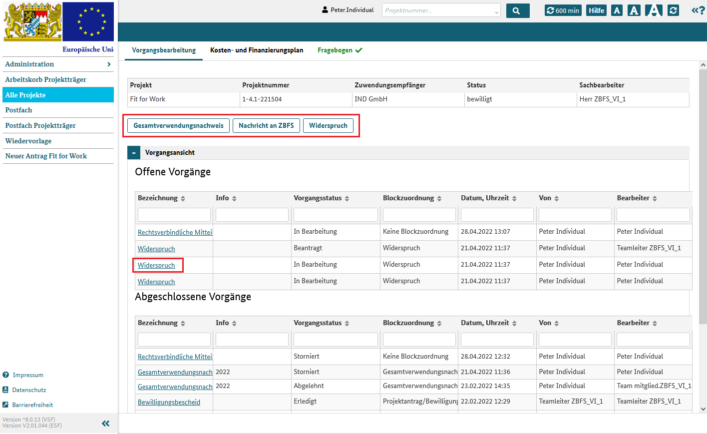 Funktionen im Dialog Vorgangsbearbeitung