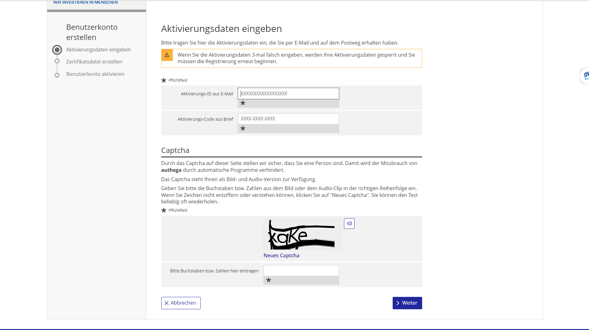 Dialog zur Eingabe der Aktivierungs-ID und des Aktivierungscodes