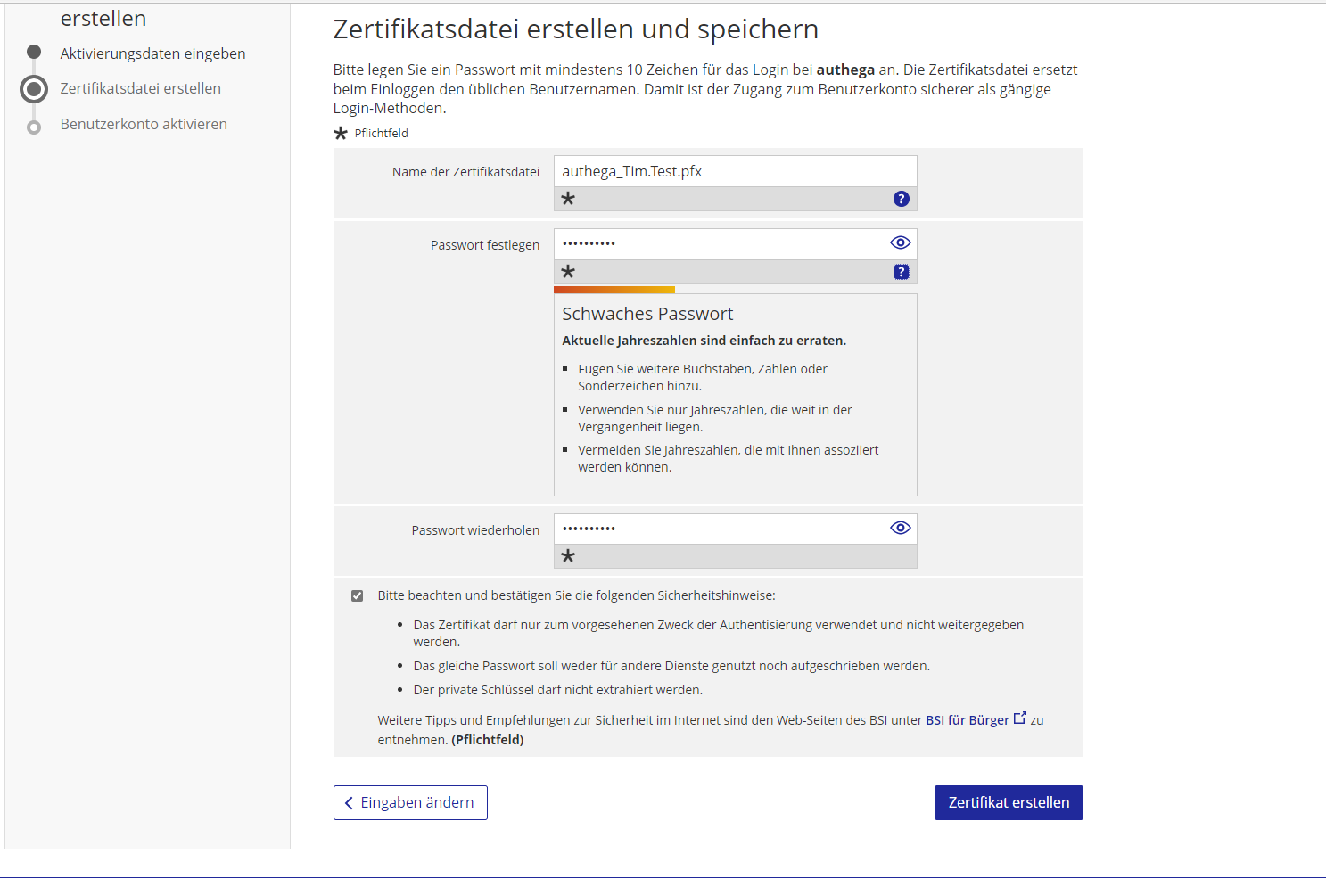 Zertifikatsdateinamen und Passwort festlegen