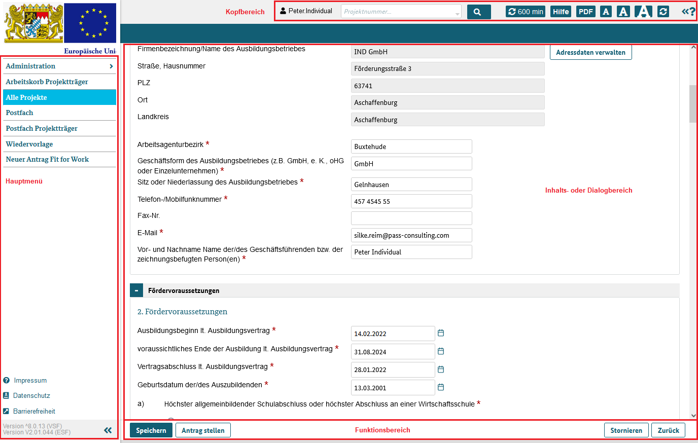 Anzeige der festen Bereiche des Systems