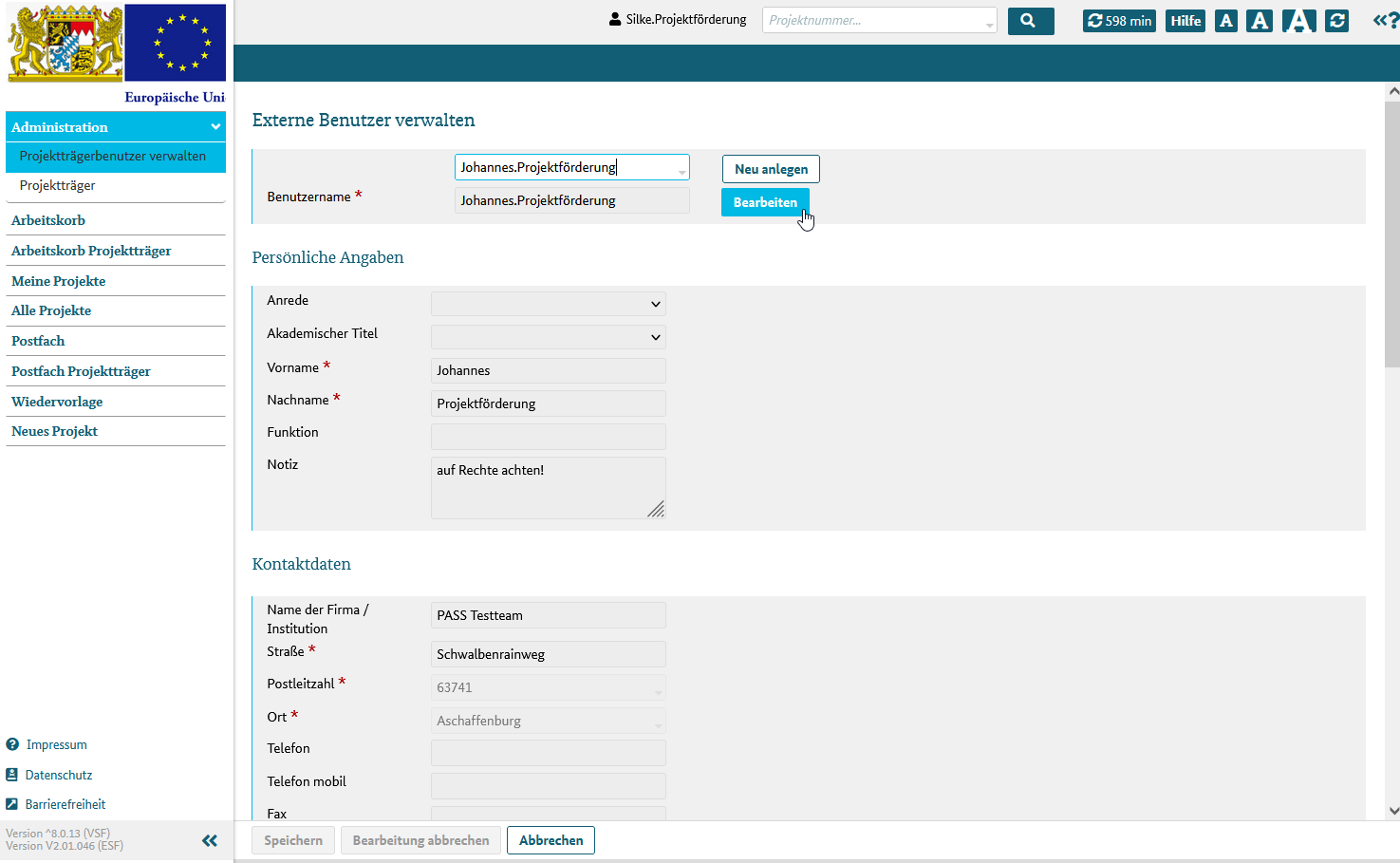 Daten eines Projektträgerbenutzers bearbeiten