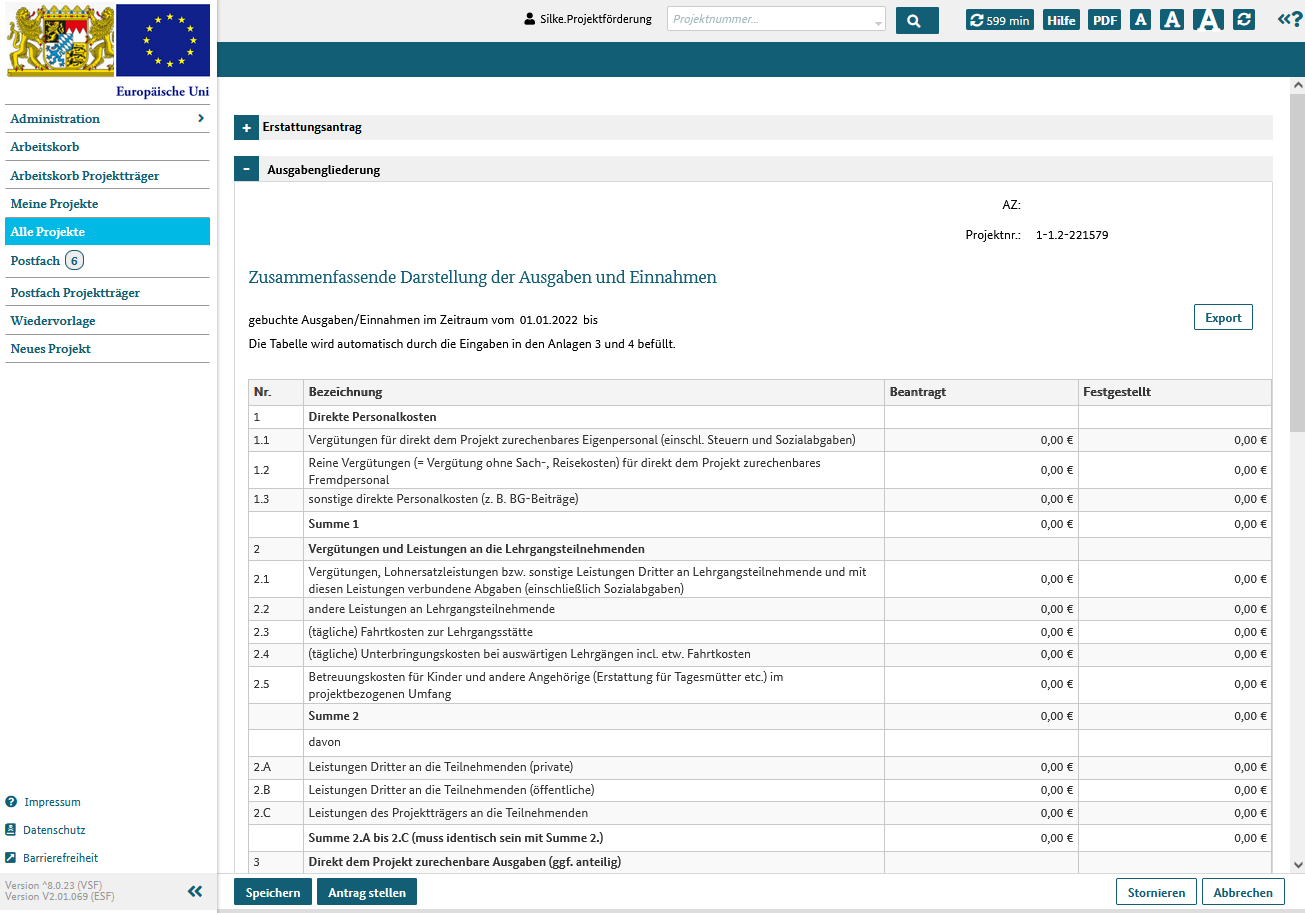 Erstattungsantrag, Klappbereich Ausgabengliederung