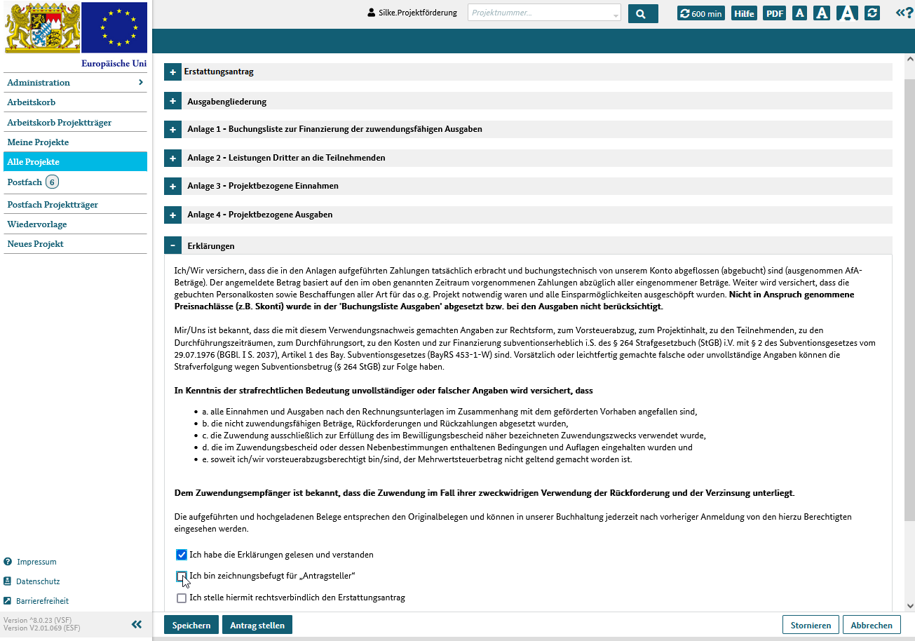 Erstattungsantrag, Klappbereich Erklärungen