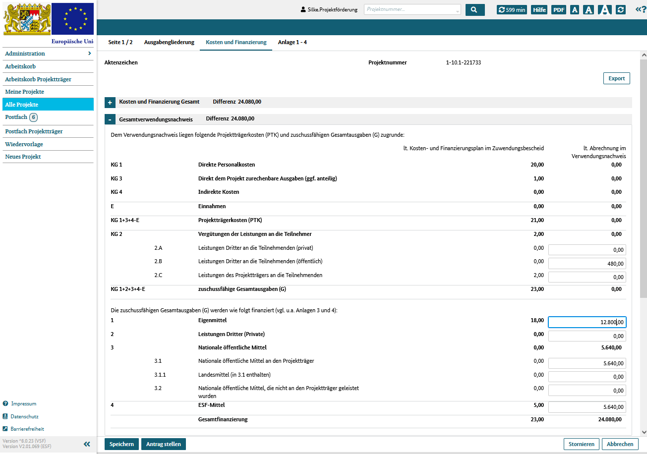 GVN, Kosten und Finanzierung einsehen und bearbeiten