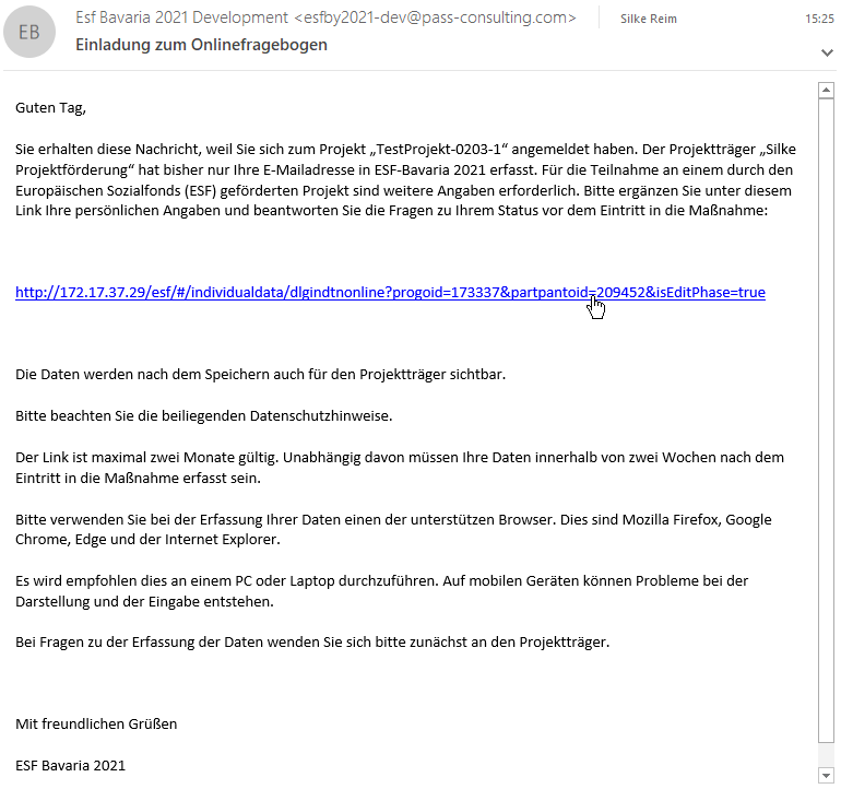 E-Mail vom System mit dem Link zum Fragebogen