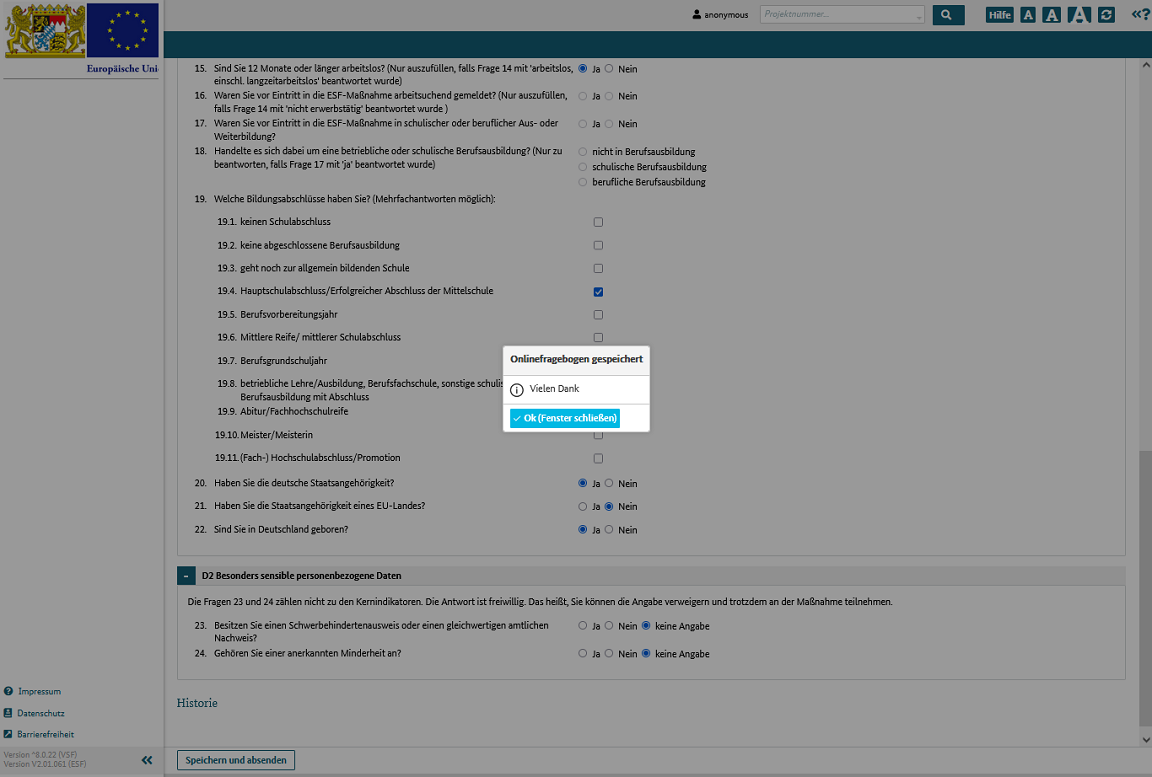 Bestätigungshinweis für die Datenübermittlung