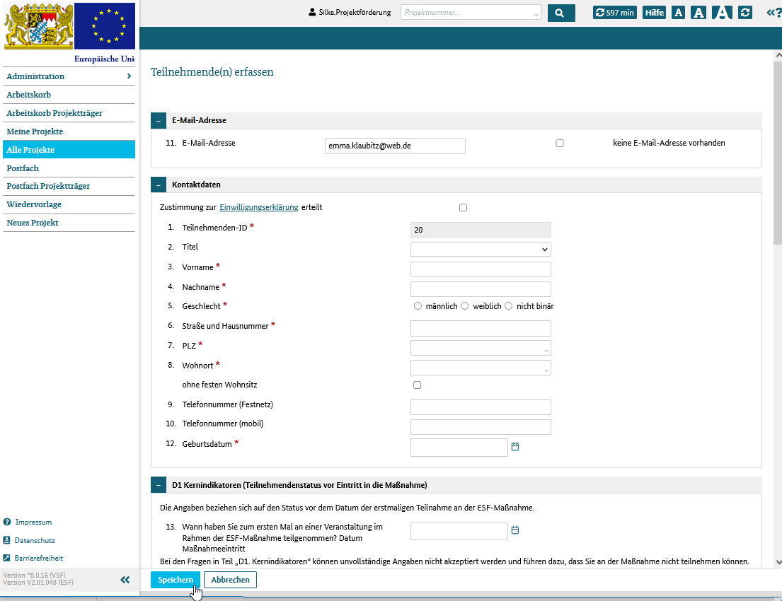 im Teilnehmerdatensa nur E-Mailadresse angeben