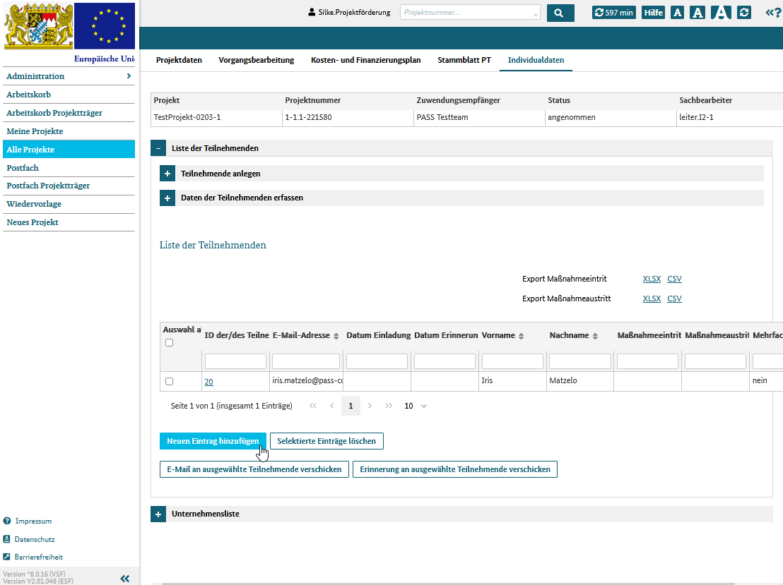 neuen Teilnehmer anlegen über die Schaltfläche "neuen Eintrag hinzufügen"