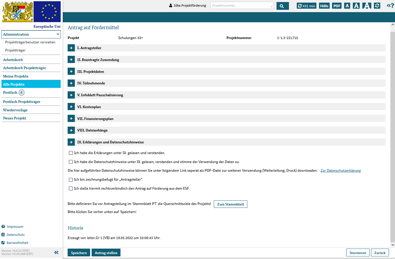 Projektantrag und seine neun Klappbereiche