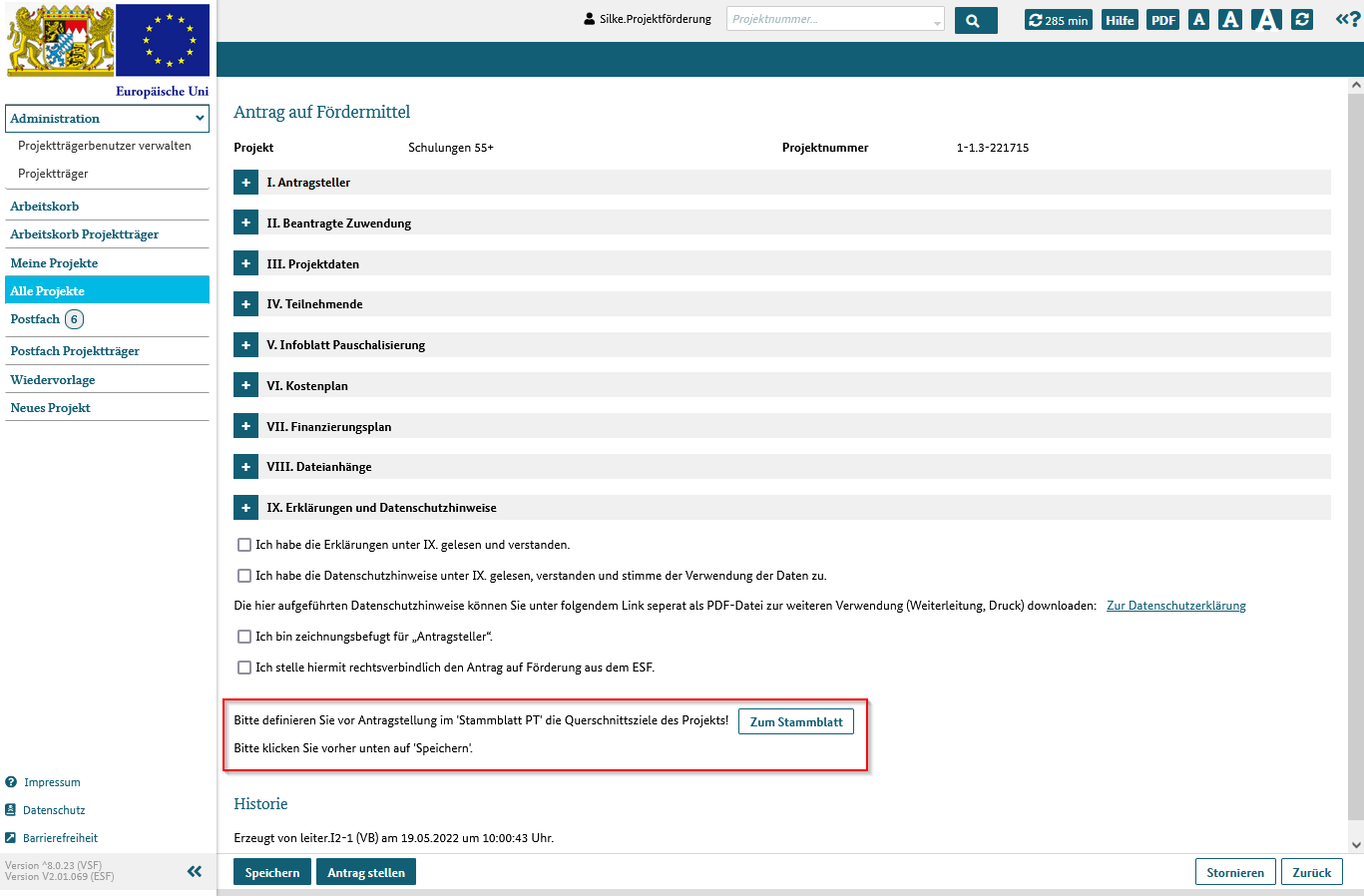 Wechsel zum Stammblatt PT zur Eingabe von Querschnittszielen