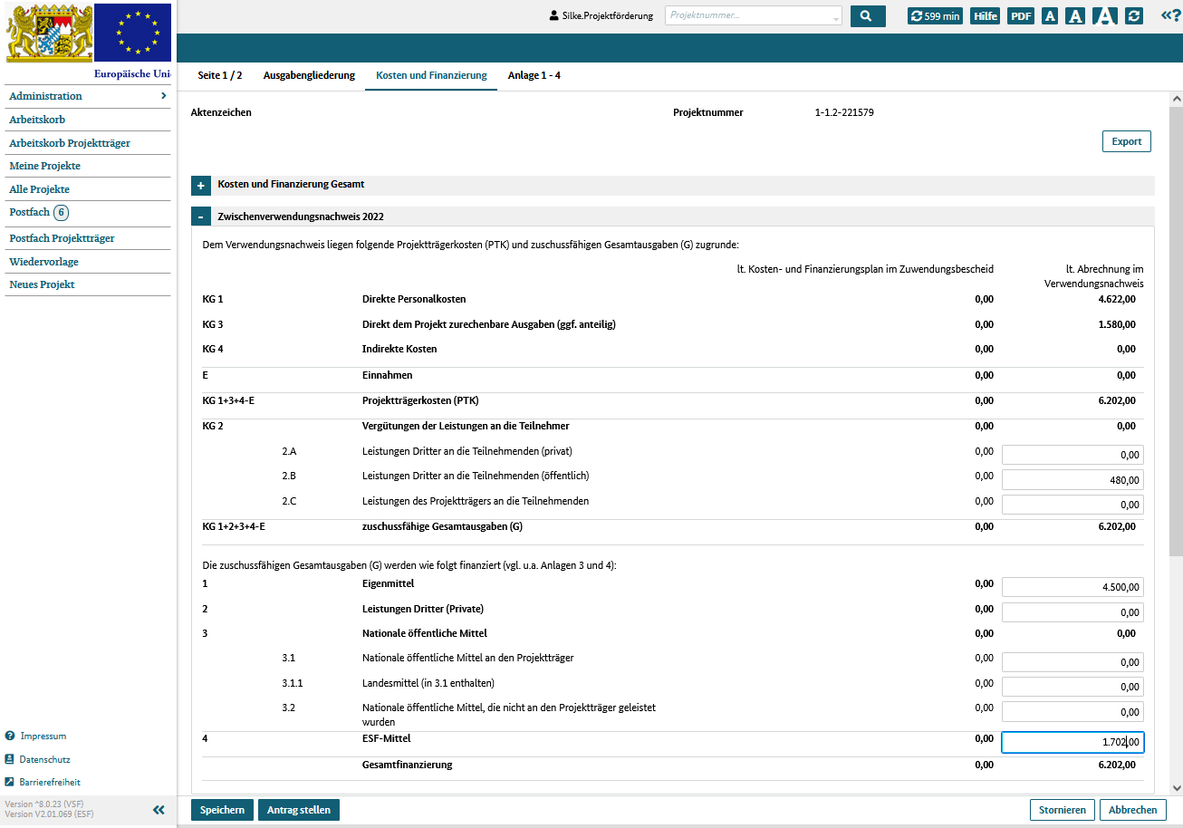 ZVN, Kosten und Finanzierung einsehen und bearbeiten